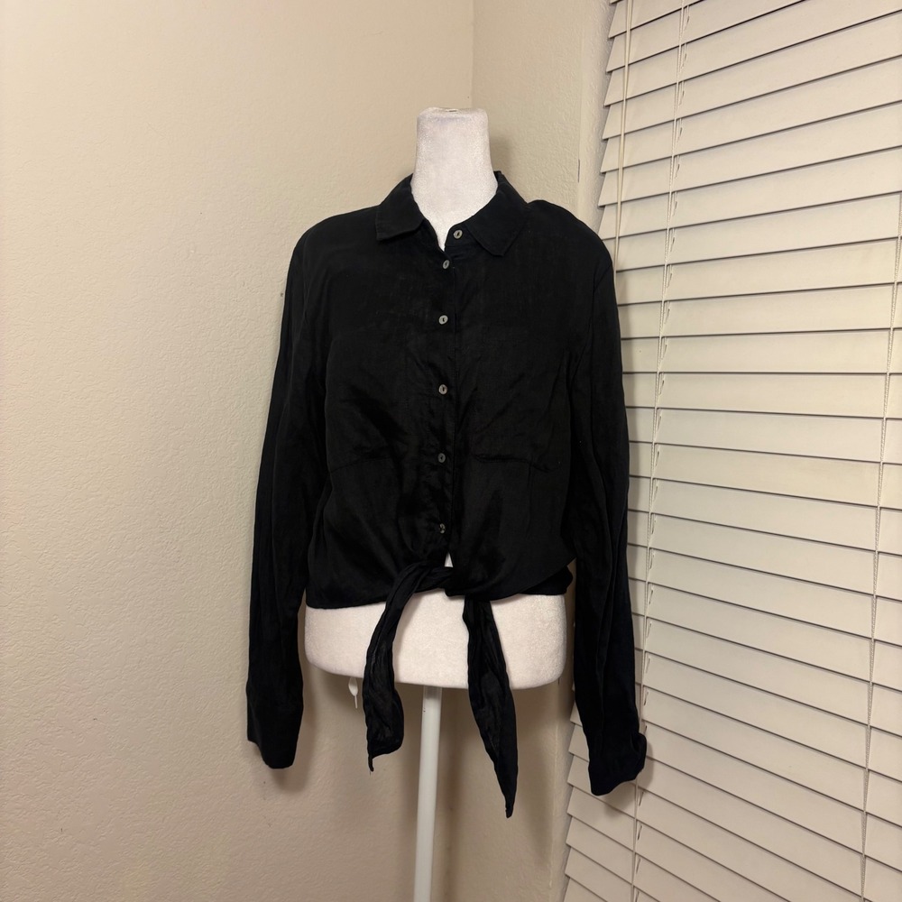 Magaschoni size L black linen button down tie front cropped blouse lagenlook